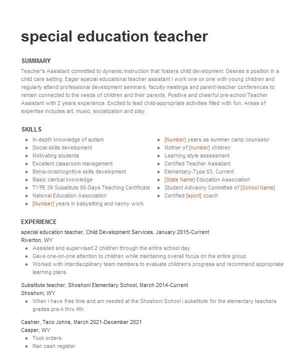 Special Education Teacher Resume Example