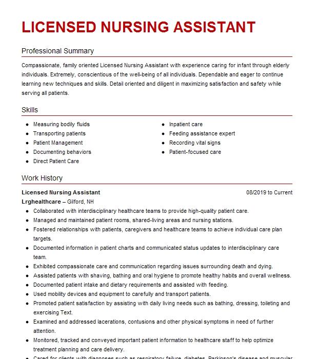 Licensed Nursing Assistant Resume Example