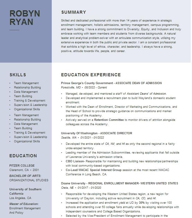 Associate Dean Of Admission Resume Example