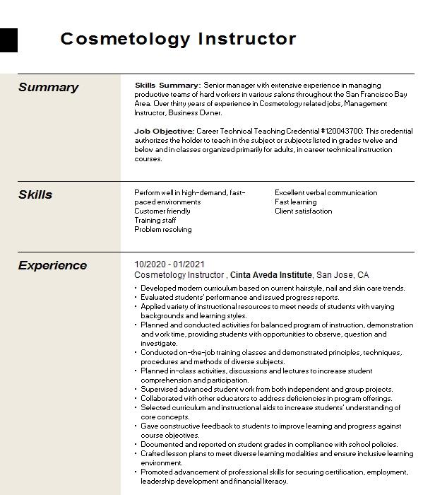 Cosmetology Instructor Objectives Resume Objective 3246