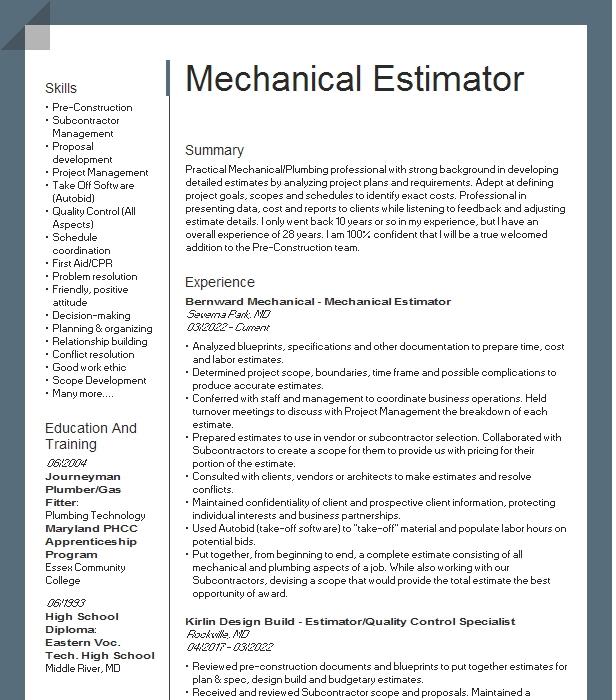 Mechanical Estimator Resume Example