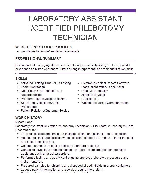 Phlebotomy Laboratory Technician Resume Example