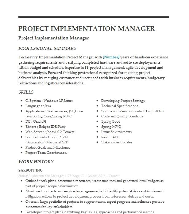 Project Implementation Manager Resume Example