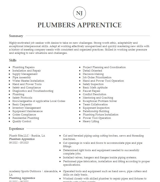 Plumbers Apprentice Resume Example 0351