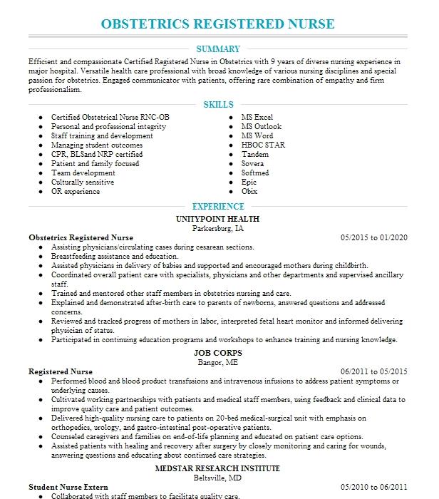 Obstetrics Registered Nurse Resume Example