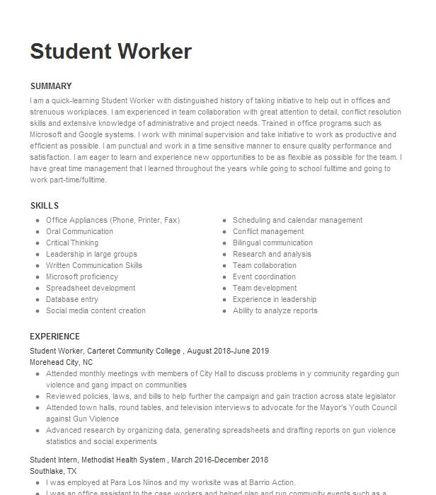 Student Worker Resume Example