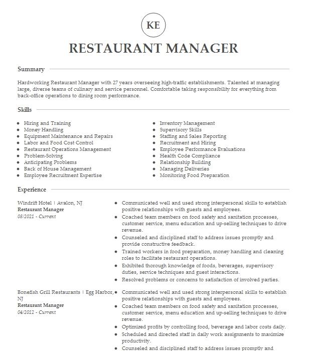 Restaurant Manager Resume Example