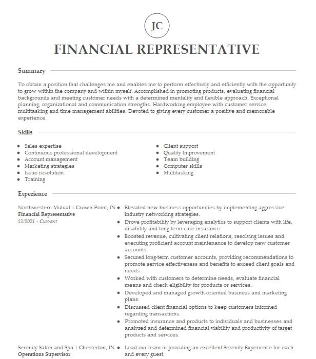 Financial Representative Resume Example