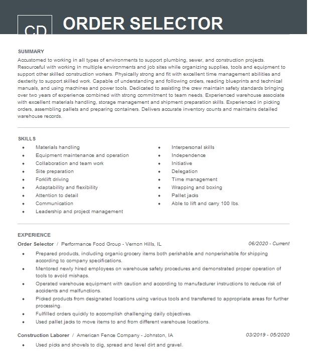 Order Selector Resume Example