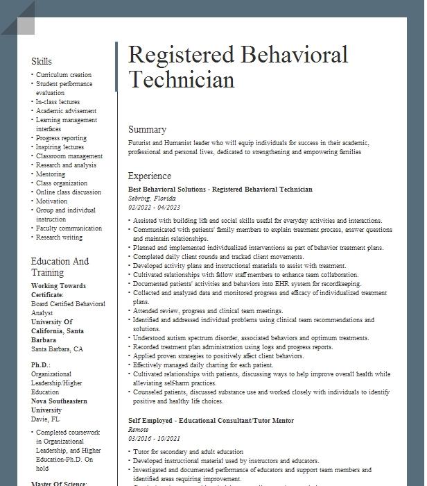 Registered Behavior Technician Bcba Candidate Resume Example