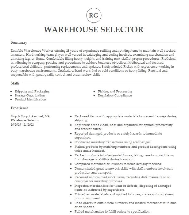 Warehouse Selector Resume Example