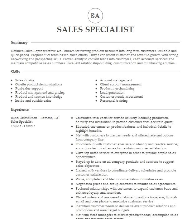 Sales Specialist Resume Example