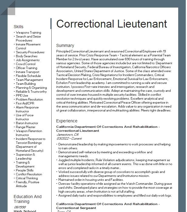 Correctional Lieutenant Resume Example