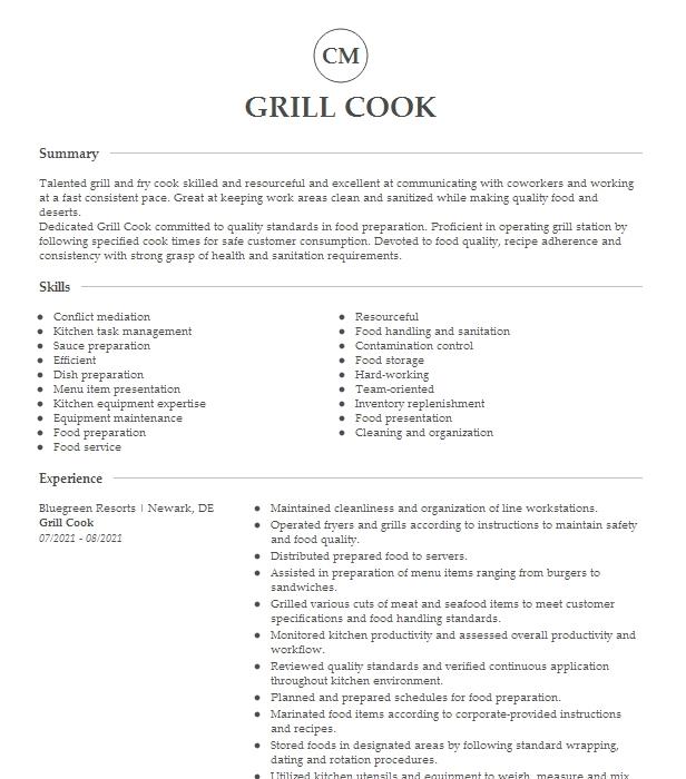 Grill Cook Resume Example