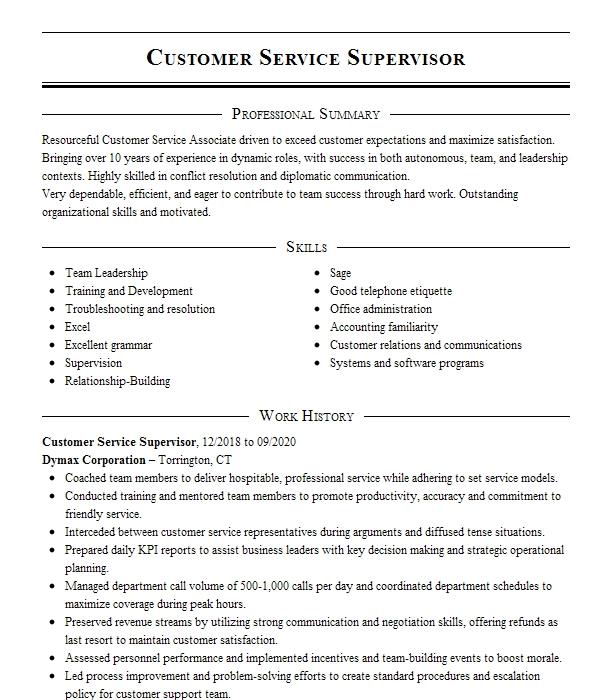 Customer Service Supervisor Resume Example