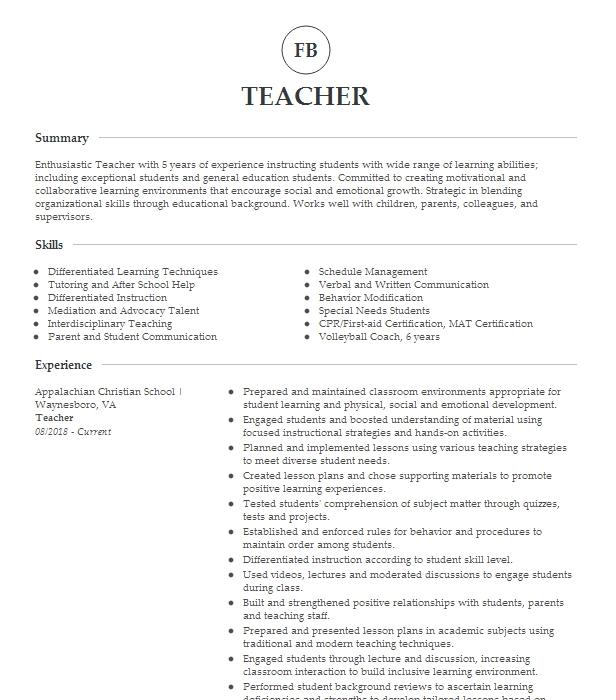 Student Teacher And Teacher Resident Resume Example