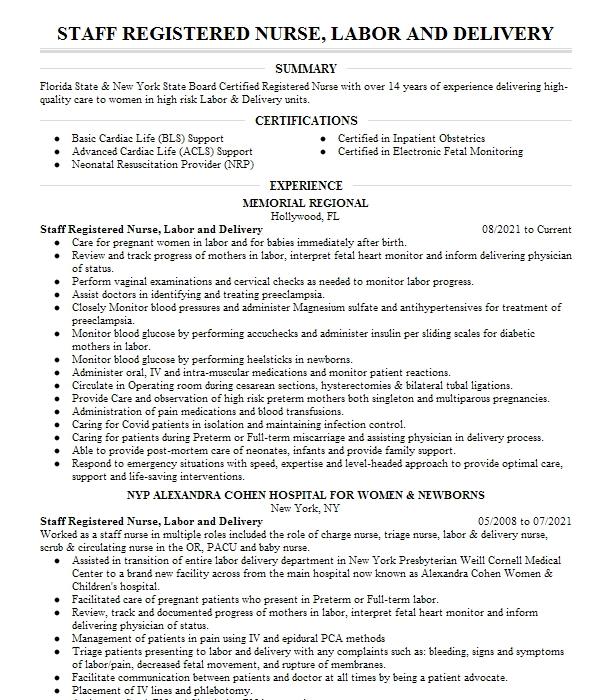 Staff Registered Nurse, Labor And Delivery Resume Example