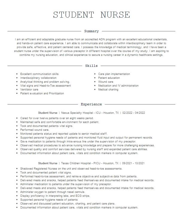 Student Nurse (psychiatric) Resume Example