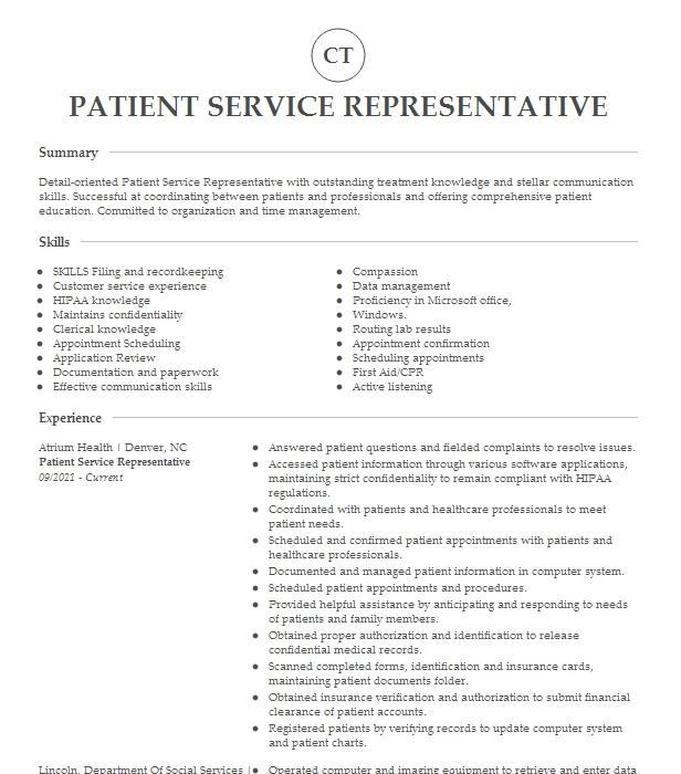 Patient Service Representative Resume Example