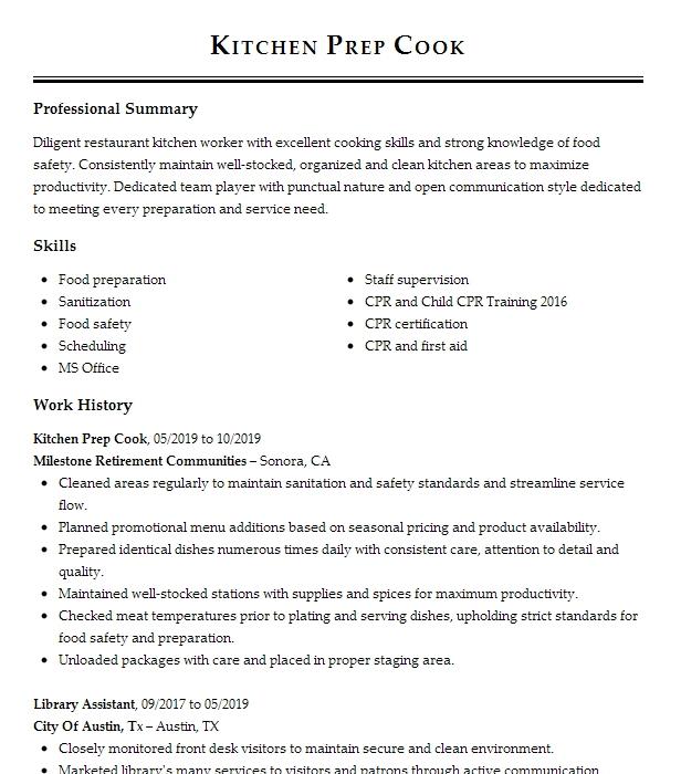 Kitchen Prep Cook Resume Example