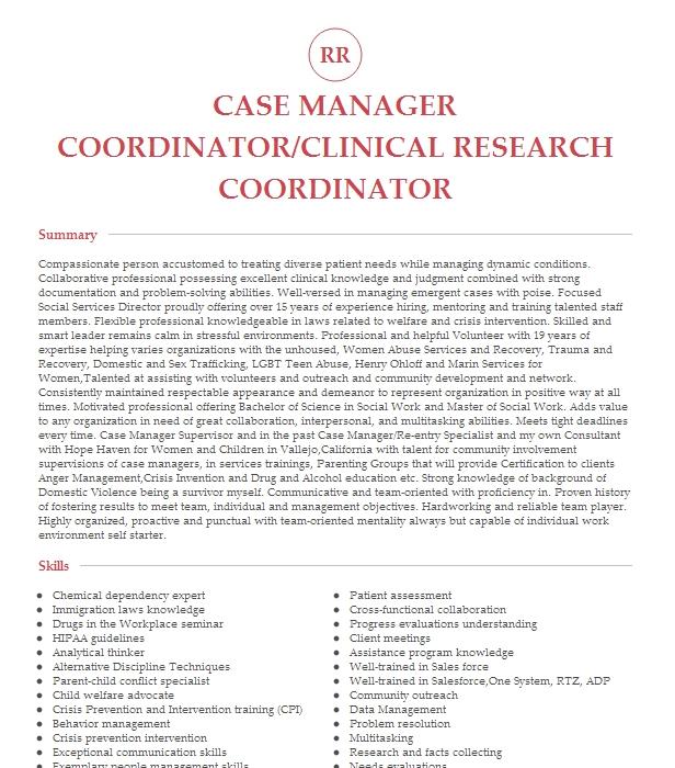 Clinical Research Coordinator Case Manager Resume Example