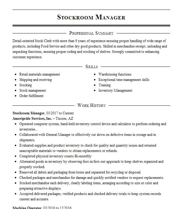 Warehouse Manager Stockroom Manager Resume Example