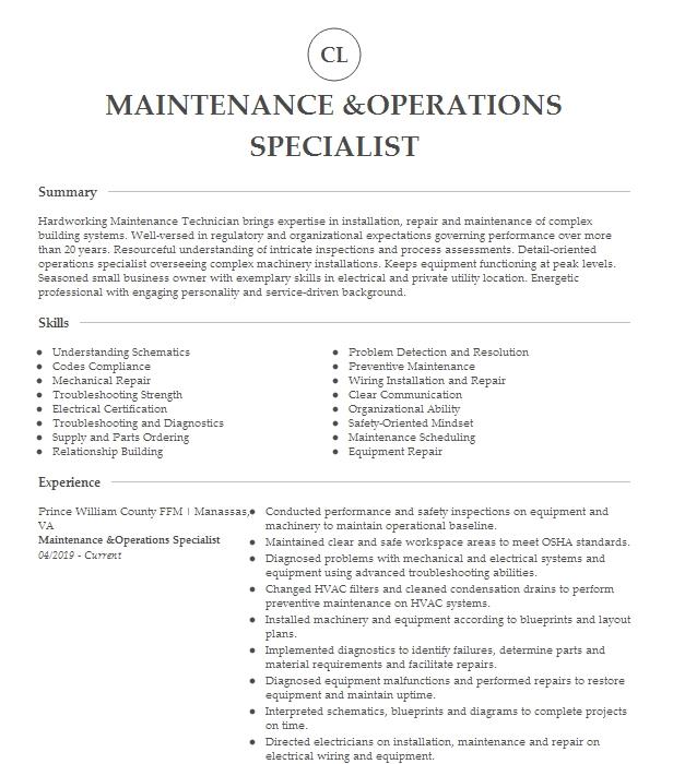 Operations Specialist Maintenance Landscaping Resume Example