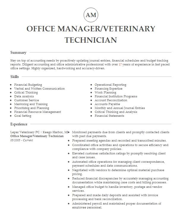 Veterinary Technician Office Manager Resume Example