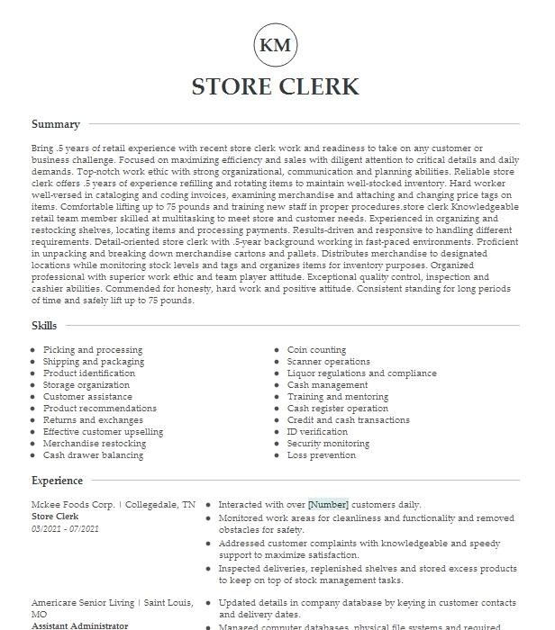 Store Clerk Resume Example