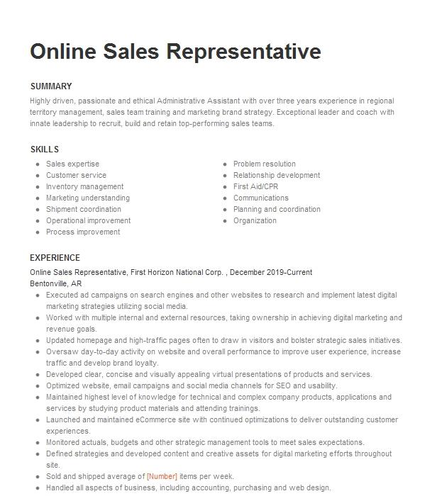 Online Sales Representative Resume Example