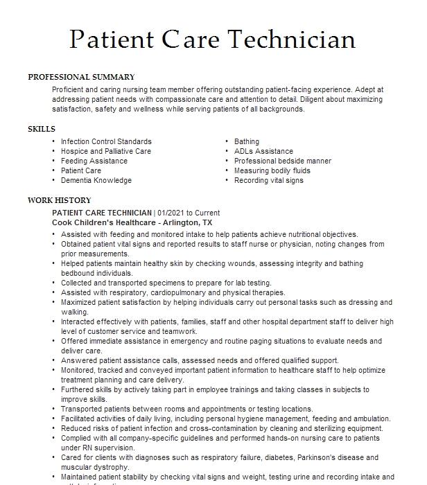 Patient Care Technician Resume Example