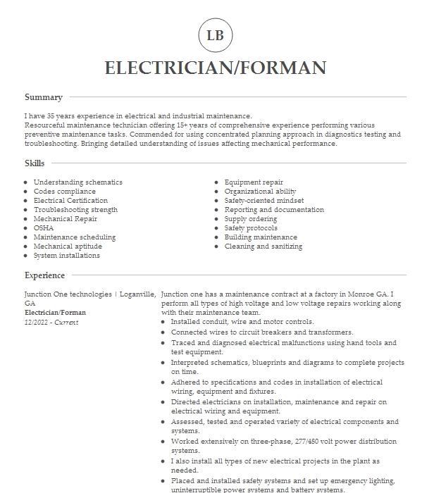 Electrician Forman Resume Example