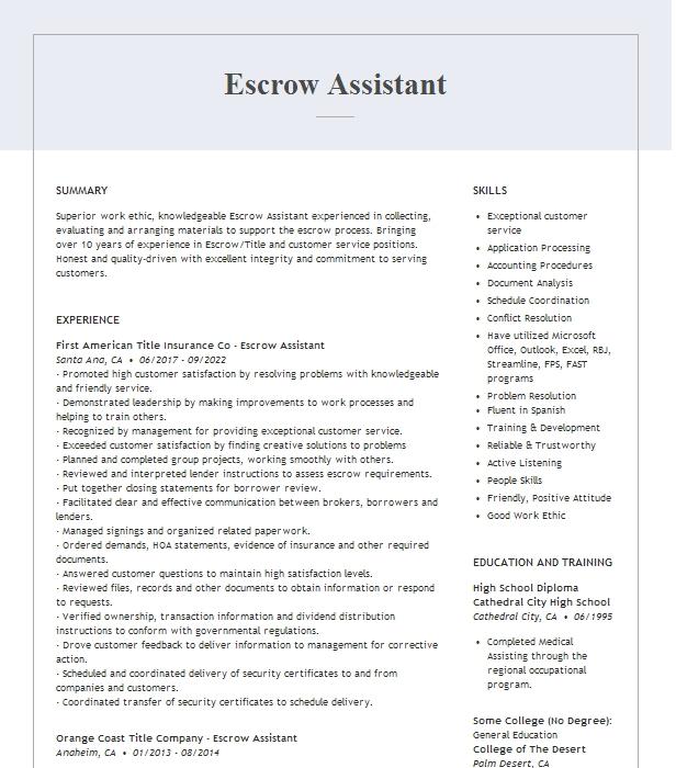 Escrow Assistant Resume Example 2518