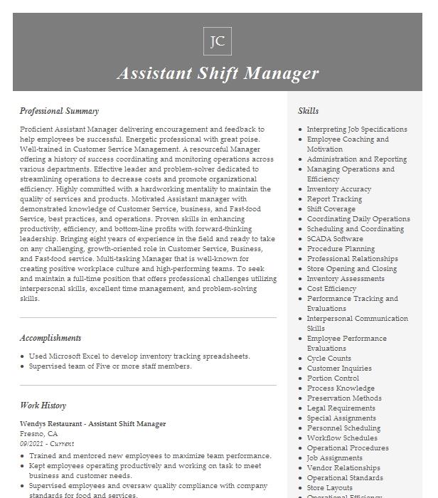 Assistant Shift Manager Resume Example 6474