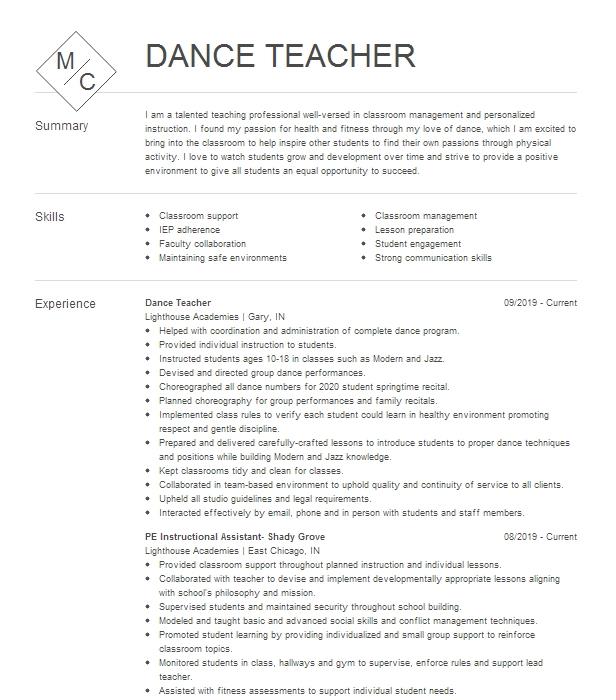 Dance Teacher Resume Example