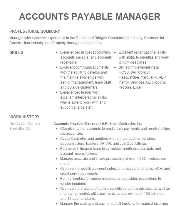 Accounts Payable Manager Resume Objectives Example