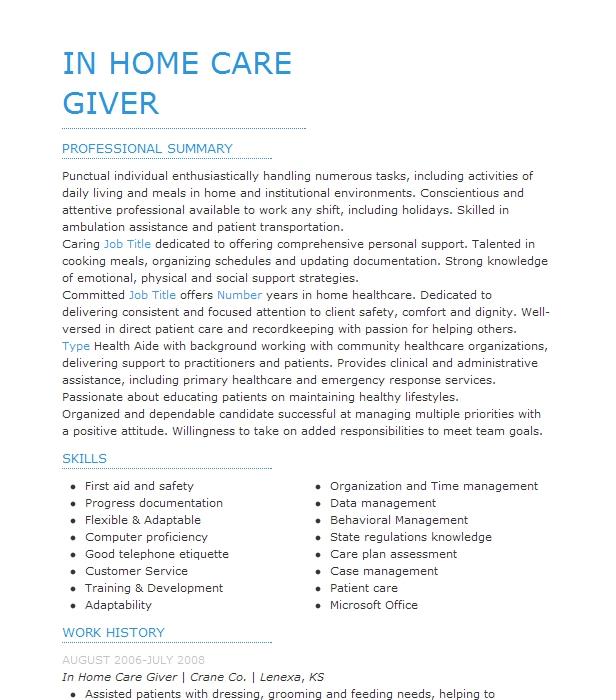 In Home Care Giver Resume Example