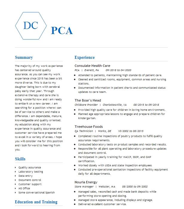 Pca Resume Example