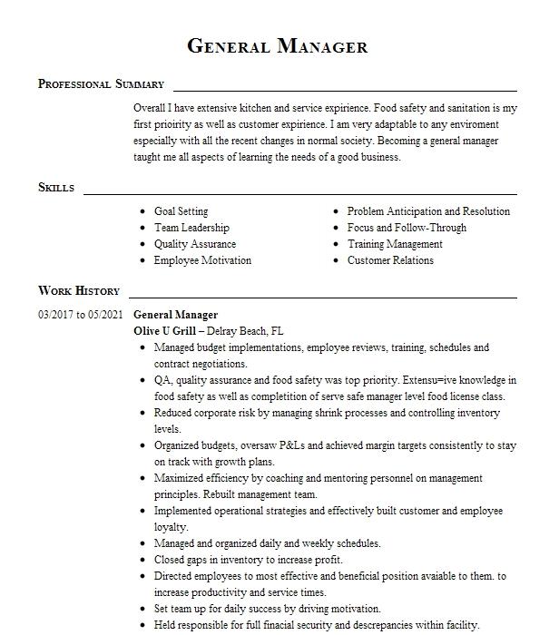 General Manager Resume Example