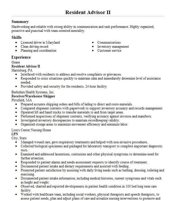 Resident Advisor Summer Resident Advisor Resume Example