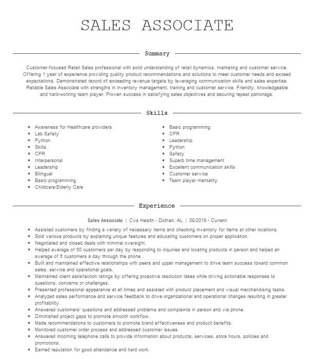 Sales Associate Resume Example