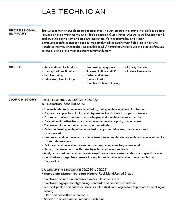 Lab Technician Resume Example