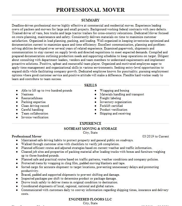 Professional Mover Resume Example