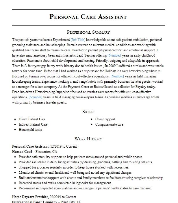 Personal Care Assistant Resume Example