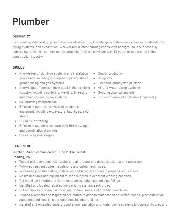 Plumber Resume Example