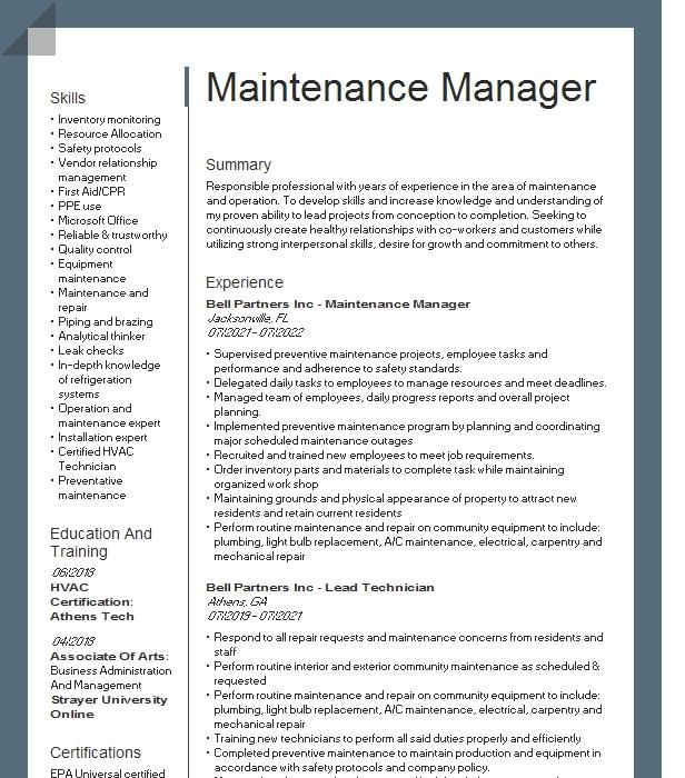 Maintenance Manager Resume Example