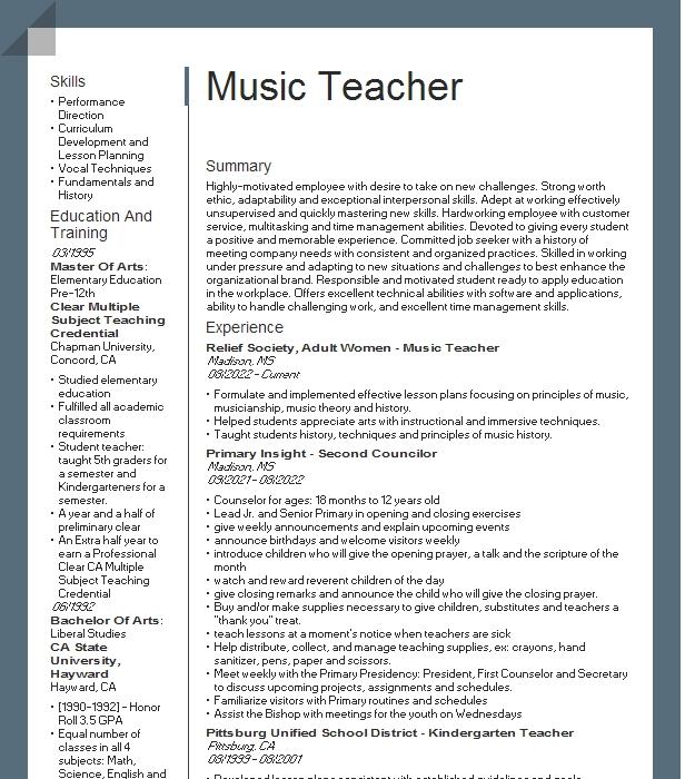 Music Teacher Resume Example