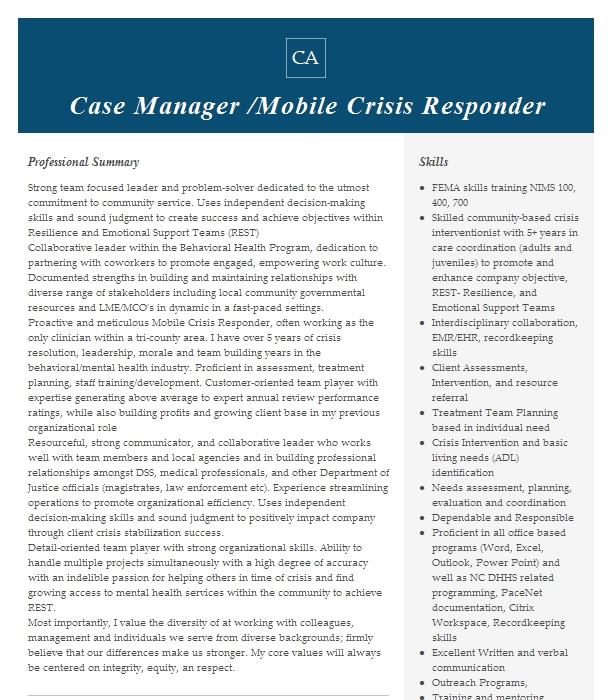 Mobile Crisis Responder Case Manager Coordinator Resume Example