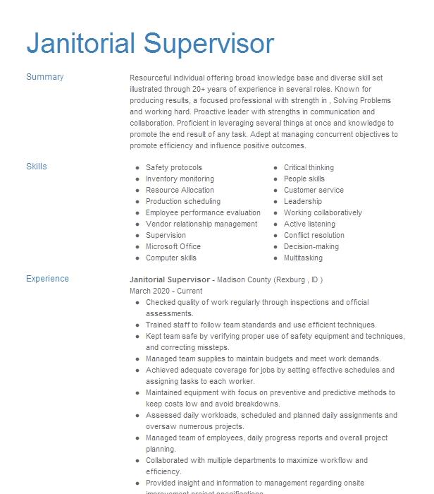 Janitorial Supervisor Resume Example