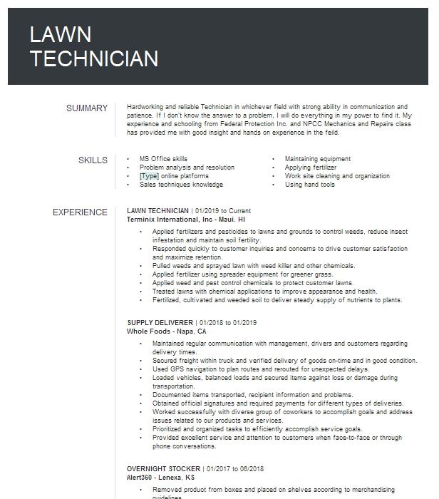 Lawn Technician Resume Example